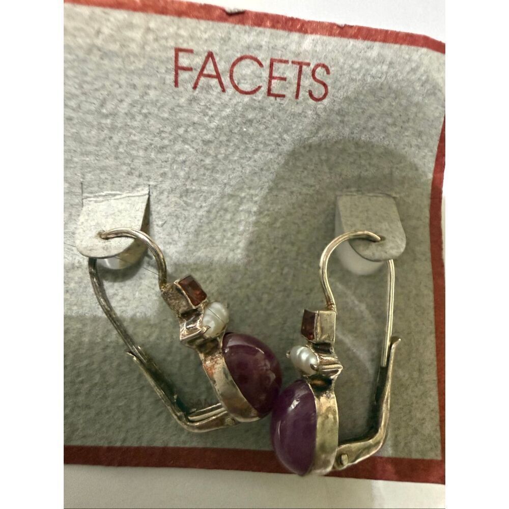 Facets Women's Sterling Silver Amethyst Ruby Pearl Leverback Drop Earrings NWT